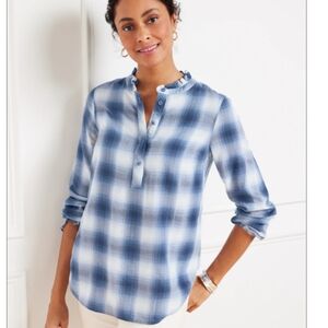 Talbots Size M  Blue and White Plaid Button Down Shirt Rauffle Trim